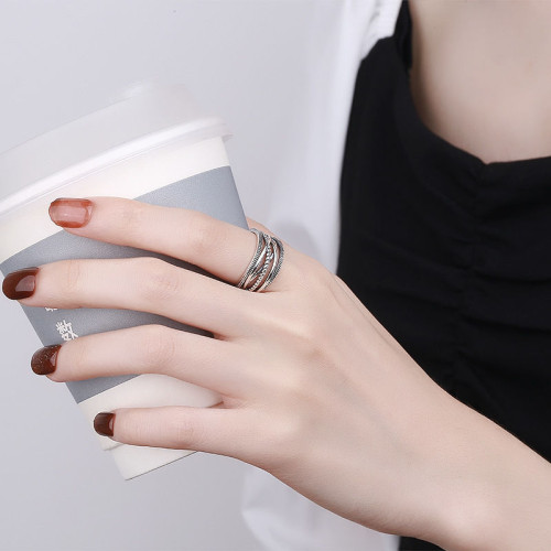 幾何交叉線條925銀戒指女復古做舊小衆高級不掉色開口指環