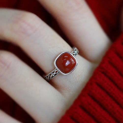 925銀復古新中式南紅方糖鏤空方形戒指環蕾絲開口調節簡約高級感