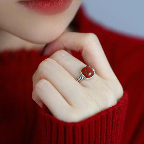 925銀復古新中式南紅方糖鏤空方形戒指環蕾絲開口調節簡約高級感