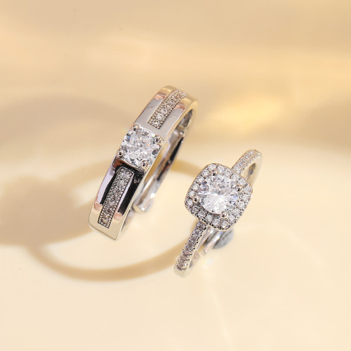 60分微鑲方糖鑽戒結婚對戒活口可調仿真鑽戒一對戒指婚禮儀式道具