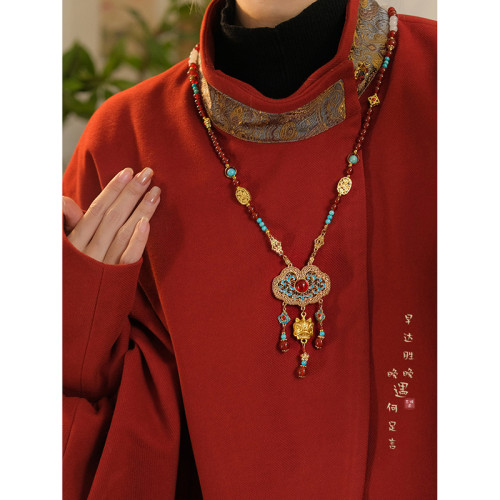 「硃痕賦韻」新中式紅色瓔珞明製長款背雲流蘇項鍊漢服馬面裙配飾