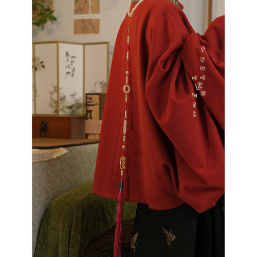 「硃痕賦韻」新中式紅色瓔珞明製長款背雲流蘇項鍊漢服馬面裙配飾