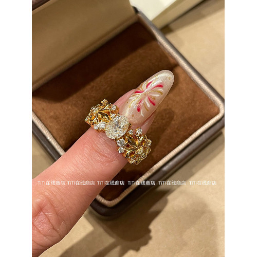 TiTi· Vintage中古金色鋯石花朵戒指女老錢風復古高級感指環配飾
