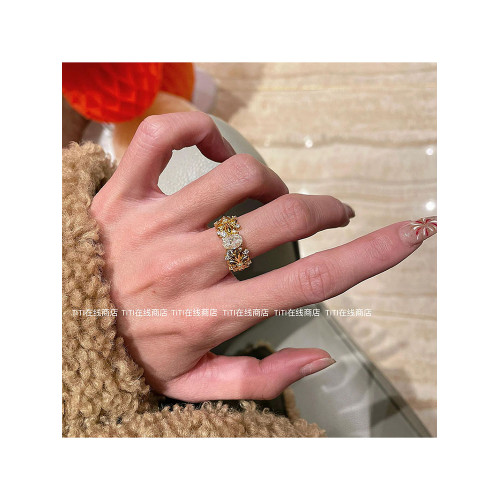 TiTi· Vintage中古金色鋯石花朵戒指女老錢風復古高級感指環配飾