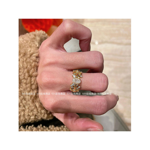 TiTi· Vintage中古金色鋯石花朵戒指女老錢風復古高級感指環配飾