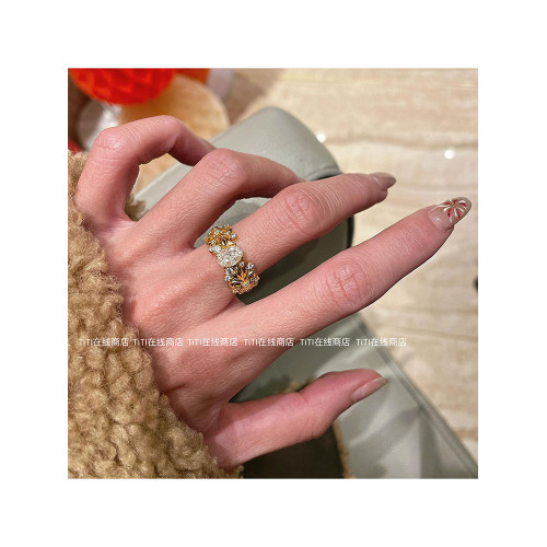 TiTi· Vintage中古金色鋯石花朵戒指女老錢風復古高級感指環配飾