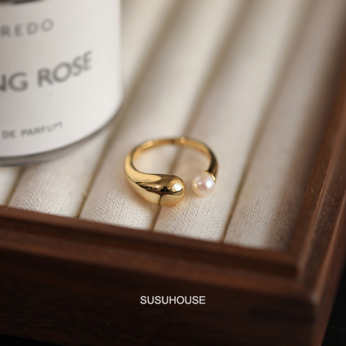 淡水珍珠戒指女小衆設計感金色食指開口指環可調節高級感輕奢復古 淡水珍珠戒指女小衆設計感金色食指開口指環可調節高級感輕奢復古