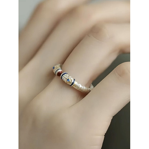 925銀法棍心經戒指女新中式小衆高級感琺瑯彩描金工藝開口食指戒