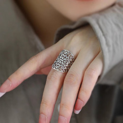 925銀復古新中式鏤空花紋藤蔓戒指環開口調節女士小衆設計高級感