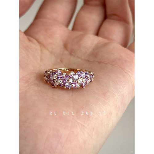 如蝶在野 薰衣草~溫柔心機紫色鋯石滿鑽戒指輕奢千金高級感開口戒