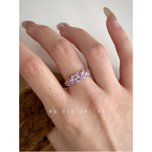 如蝶在野 薰衣草~溫柔心機紫色鋯石滿鑽戒指輕奢千金高級感開口戒