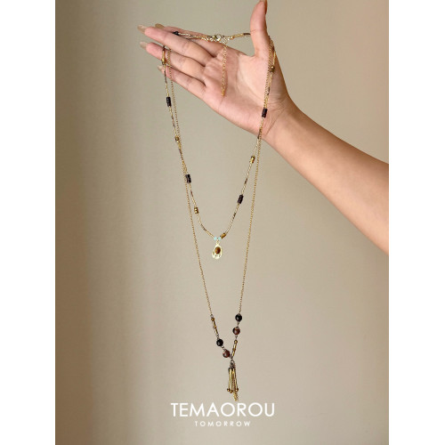 vintager美拉德復古虎眼石天然石串珠曡戴長款項鍊女款毛衣鏈掛飾