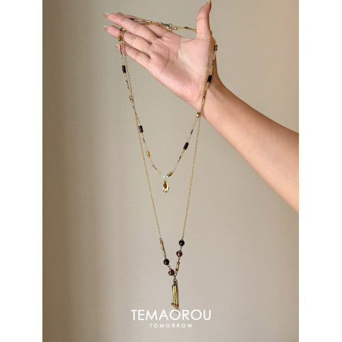 vintager美拉德復古虎眼石天然石串珠曡戴長款項鍊女款毛衣鏈掛飾