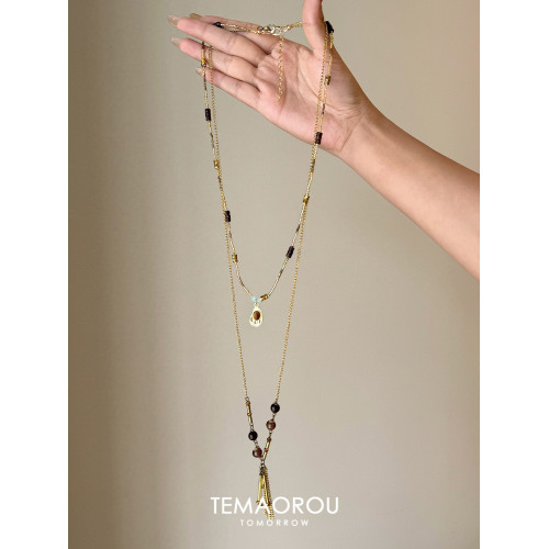 vintager美拉德復古虎眼石天然石串珠曡戴長款項鍊女款毛衣鏈掛飾