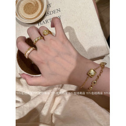 老錢感中古風金色蛋面食指戒曡戴鎏金花朵寶石戒指圓牌小拇指尾戒