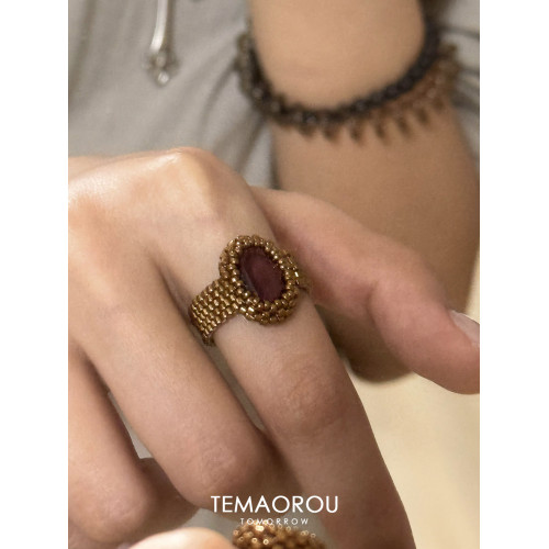 手作！編織串珠紅寶石戒指設計感輕奢不撞款手飾春夏新款指環食指