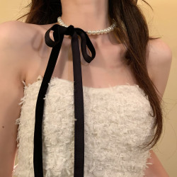 HEY TAO秋冬季絲絨絲帶珍珠項鍊女時尚小香風氣質頸鏈配飾鎖骨鍊