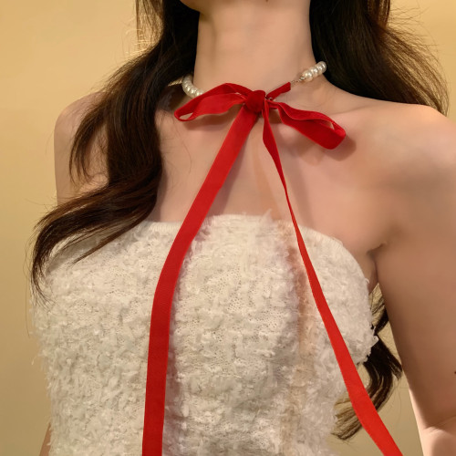 HEY TAO秋冬季絲絨絲帶珍珠項鍊女時尚小香風氣質頸鏈配飾鎖骨鍊