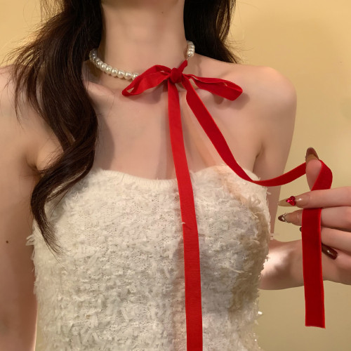 HEY TAO秋冬季絲絨絲帶珍珠項鍊女時尚小香風氣質頸鏈配飾鎖骨鍊