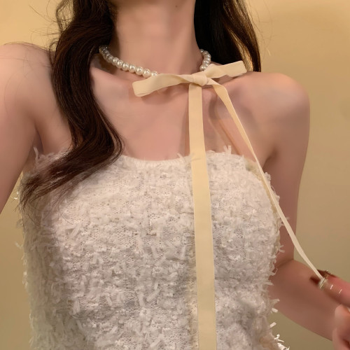 HEY TAO秋冬季絲絨絲帶珍珠項鍊女時尚小香風氣質頸鏈配飾鎖骨鍊