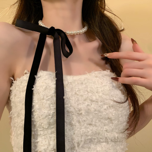 HEY TAO秋冬季絲絨絲帶珍珠項鍊女時尚小香風氣質頸鏈配飾鎖骨鍊