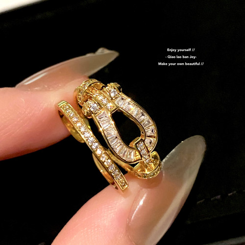 【喬老板Joy】馬年馬蹄釦戒指爆閃滿鑽開口金銀色輕奢高級指環