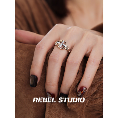 rebel studio鳶尾花鑰匙戒指女復古氣質小衆設計感金色做舊食指戒