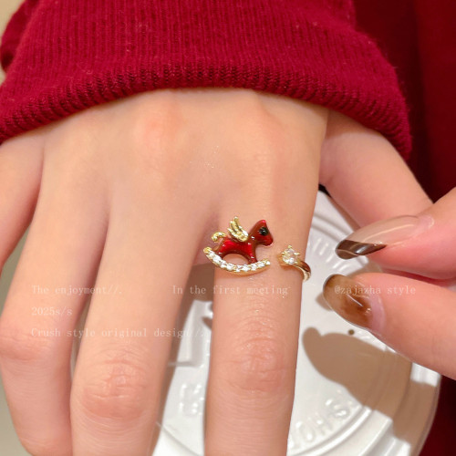 馬年有福~本命年紅色小馬戒指女生小衆設計新年輕奢高級感食指戒
