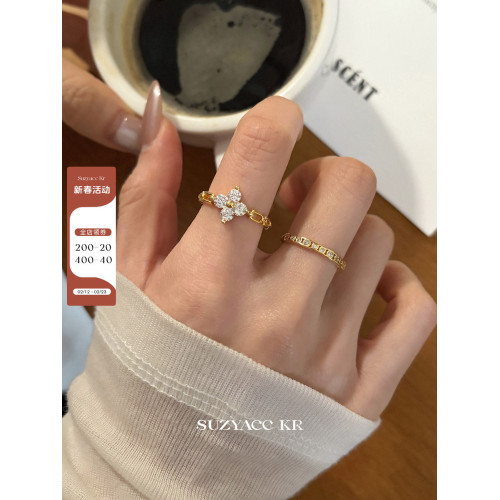 suzyacc kr合成鋯石四葉草鏈條戒指小衆設計感食指戒氣質高級指環