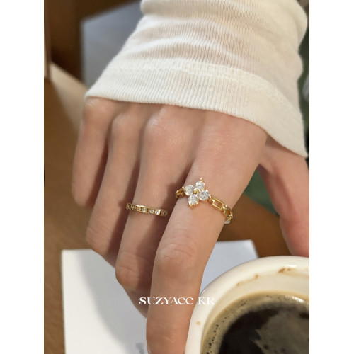 suzyacc kr合成鋯石四葉草鏈條戒指小衆設計感食指戒氣質高級指環