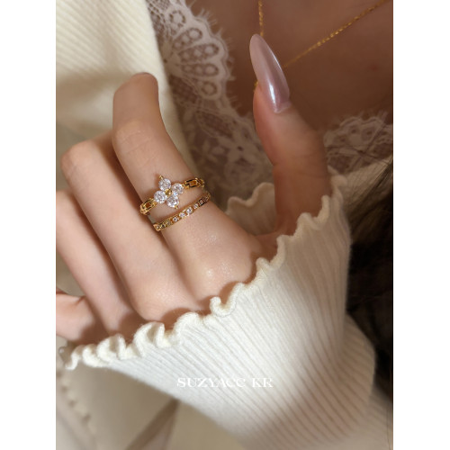 suzyacc kr合成鋯石四葉草鏈條戒指小衆設計感食指戒氣質高級指環