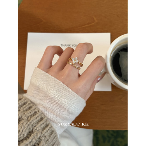 suzyacc kr合成鋯石四葉草鏈條戒指小衆設計感食指戒氣質高級指環