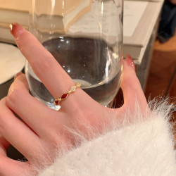 新年絕美手飾紅色滴釉菱格水鑽戒指輕奢高級感食指戒開口戒配飾