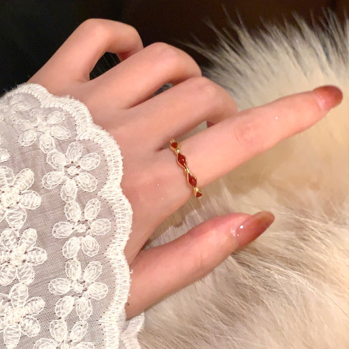 新年絕美手飾紅色滴釉菱格水鑽戒指輕奢高級感食指戒開口戒配飾 新年絕美手飾紅色滴釉菱格水鑽戒指輕奢高級感食指戒開口戒配飾