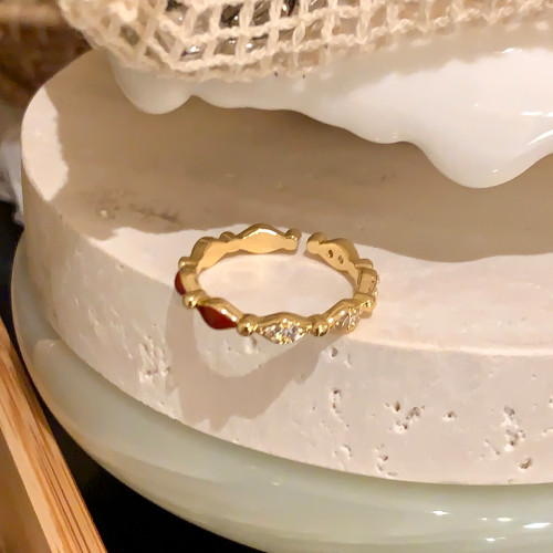 新年絕美手飾紅色滴釉菱格水鑽戒指輕奢高級感食指戒開口戒配飾 新年絕美手飾紅色滴釉菱格水鑽戒指輕奢高級感食指戒開口戒配飾