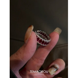 老錢風vintage華麗重工紅色寶石排鑽戒指女爆閃食指戒高級感貴氣