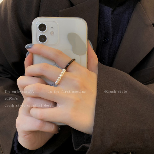 琥珀珍珠樹脂食指戒指女小衆設計輕奢高級感尾戒復古曡戴裝飾指環