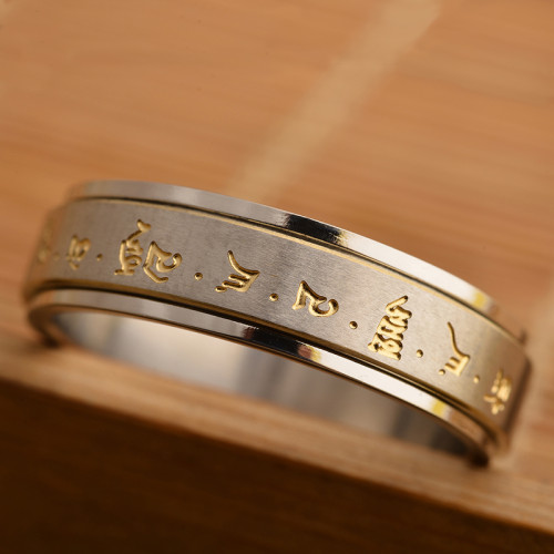 高級感鈦鋼可轉動黃財神招財轉旺運風水指環復古磨砂情侶對戒
