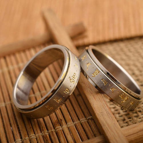 高級感鈦鋼可轉動黃財神招財轉旺運風水指環復古磨砂情侶對戒