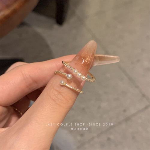 珍珠戒指女時尚個性ins小衆設計輕奢簡約精緻兩件套指環開口氣質
