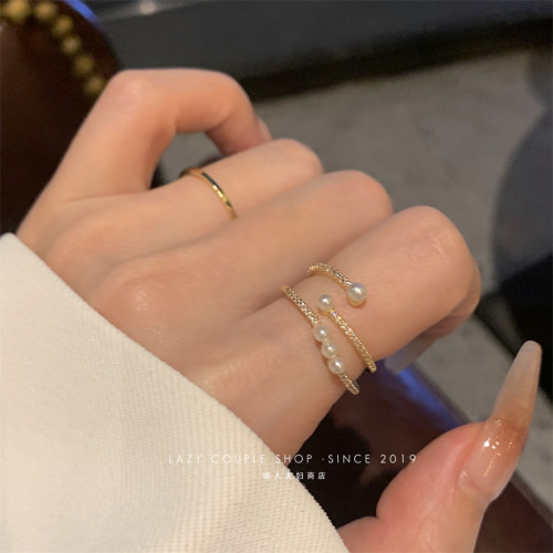 珍珠戒指女時尚個性ins小衆設計輕奢簡約精緻兩件套指環開口氣質