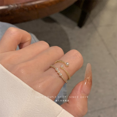 珍珠戒指女時尚個性ins小衆設計輕奢簡約精緻兩件套指環開口氣質