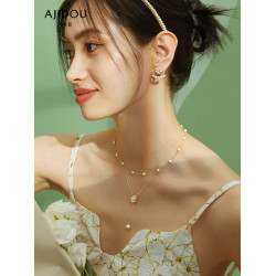 阿吉豆項鍊女山茶花專櫃同款手串高級感氣質雙層曡戴珍珠手鏈耳環