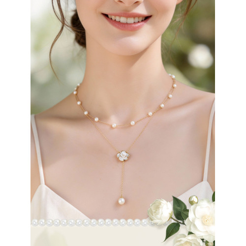 阿吉豆項鍊女山茶花專櫃同款手串高級感氣質雙層曡戴珍珠手鏈耳環