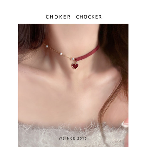 choker高級感鎖骨鍊女紅色愛心珍珠頸鏈項圈脖子配飾chocker項鍊