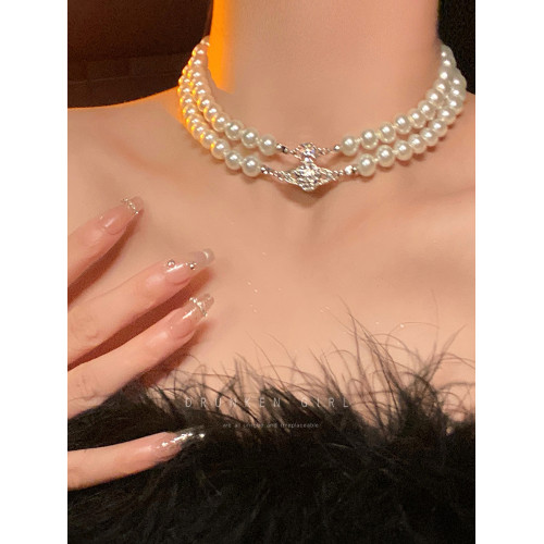 雙層珍珠土星項鍊女秋輕奢曡戴choker頸鏈禮服配飾多層小衆毛衣鏈