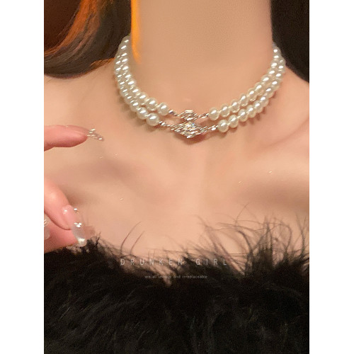 雙層珍珠土星項鍊女秋輕奢曡戴choker頸鏈禮服配飾多層小衆毛衣鏈