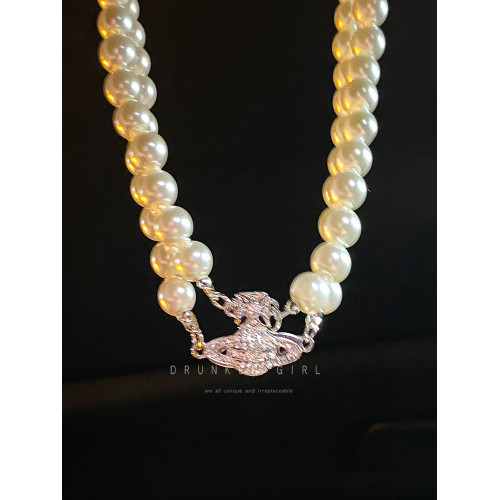 雙層珍珠土星項鍊女秋輕奢曡戴choker頸鏈禮服配飾多層小衆毛衣鏈