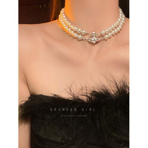 雙層珍珠土星項鍊女秋輕奢曡戴choker頸鏈禮服配飾多層小衆毛衣鏈