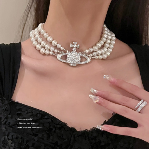 【喬老板Joy】西太後項鍊珍珠土星三層重工choker鎖骨閃鑽頸鏈潮